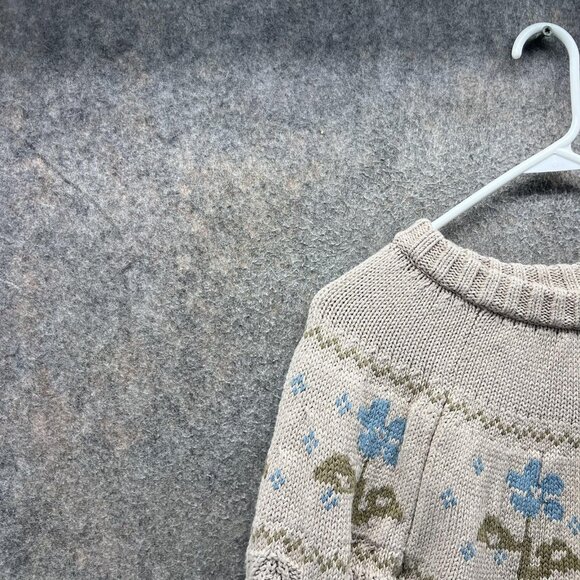LL Bean Signature Sweater Womens XL Beige Floral Cable Knit Cotton Pullover - Picture 4 of 13